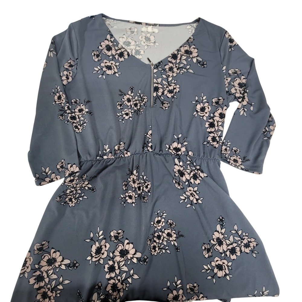Maurices Floral Print‎ Dress Grey Blue V-Neck Bell Sleeve Boho Cute Casual